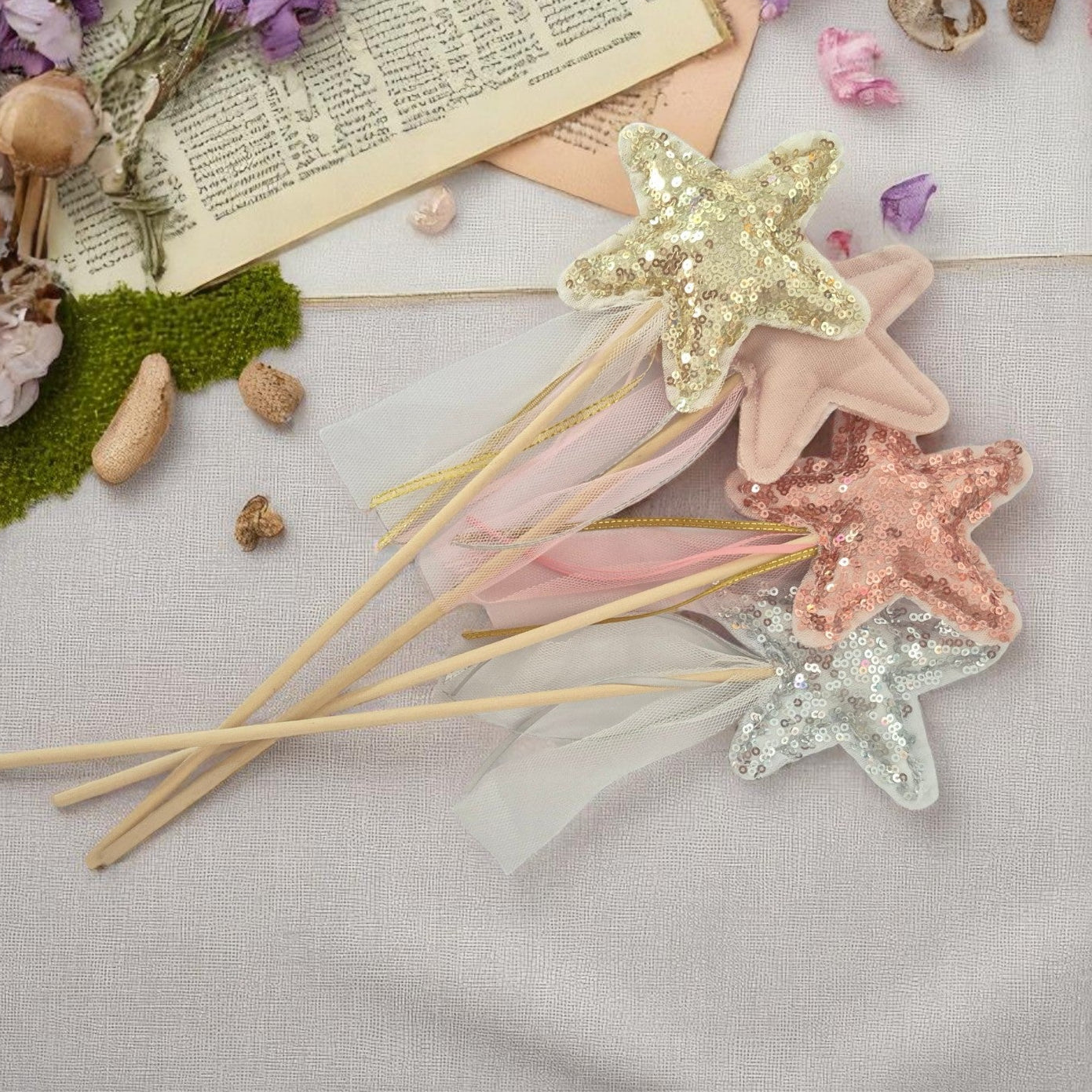 Star wand with wooden handle and soft ribbons ~ perfect for dress-ups and imaginative play