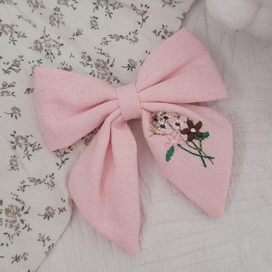 Embroidered Hair Bow (Pink)