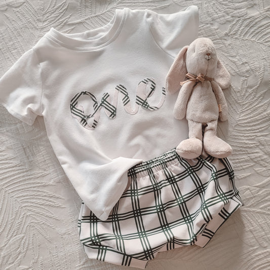 White handmade tee with applique letters in a green plaid print, paired with matching handmade green plaid print shorties