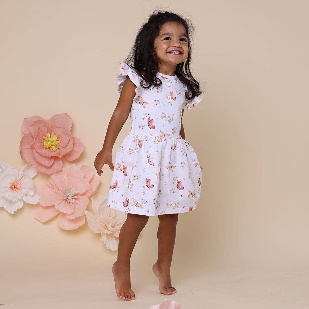 Organic cotton baby dress with butterfly print and frill sleeves ~ soft and breathable with practical snap underbody.