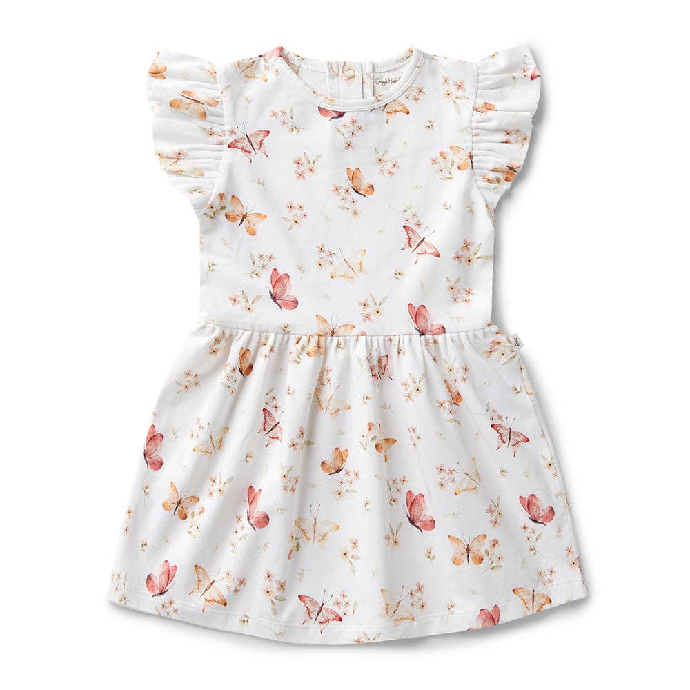 Organic cotton baby dress with butterfly print and frill sleeves ~ soft and breathable with practical snap underbody.
