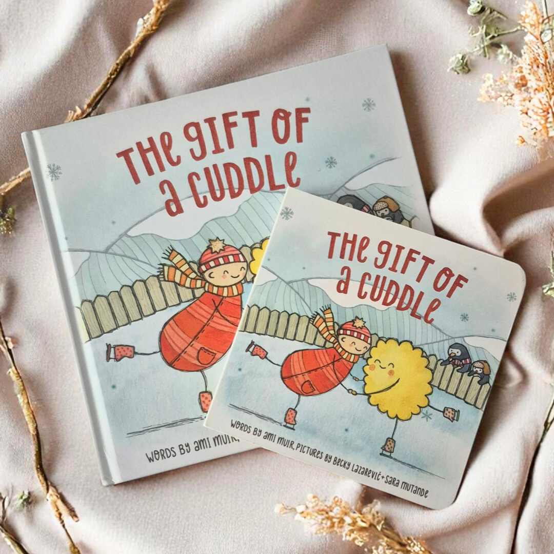 A board book edition of The Gift of a Cuddle, with a gentle cover illustration of a parent and child sharing a cuddle beneath stars.