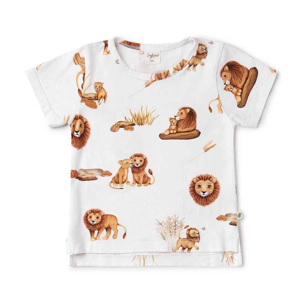 Toddler wearing organic cotton t-shirt with lion print ~ relaxed fit and breathable fabric.