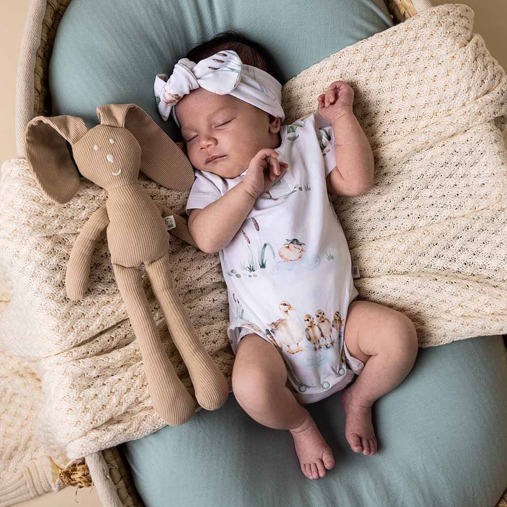 Organic cotton short sleeve baby bodysuit featuring a sweet duck pond print in soft blue and beige tones, laid flat.