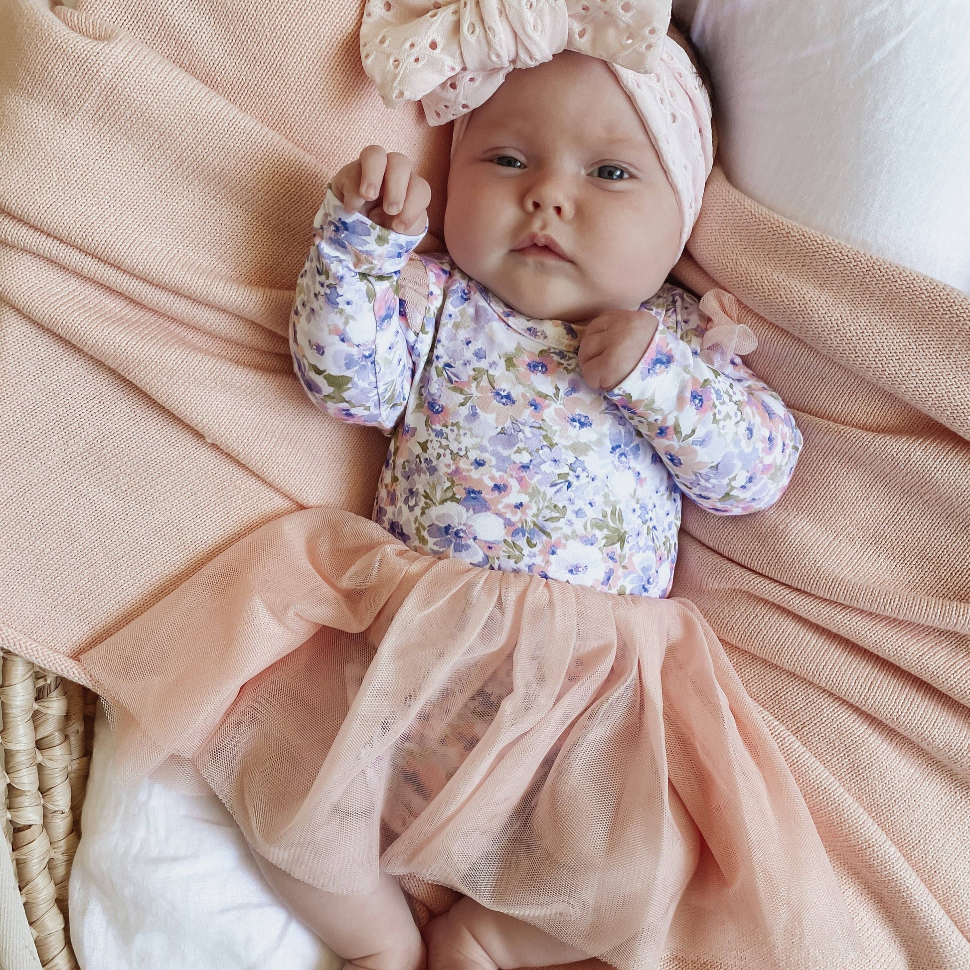 Pink cotton onesie with layered tulle tutu skirt ~ perfect for birthdays or special baby moments.