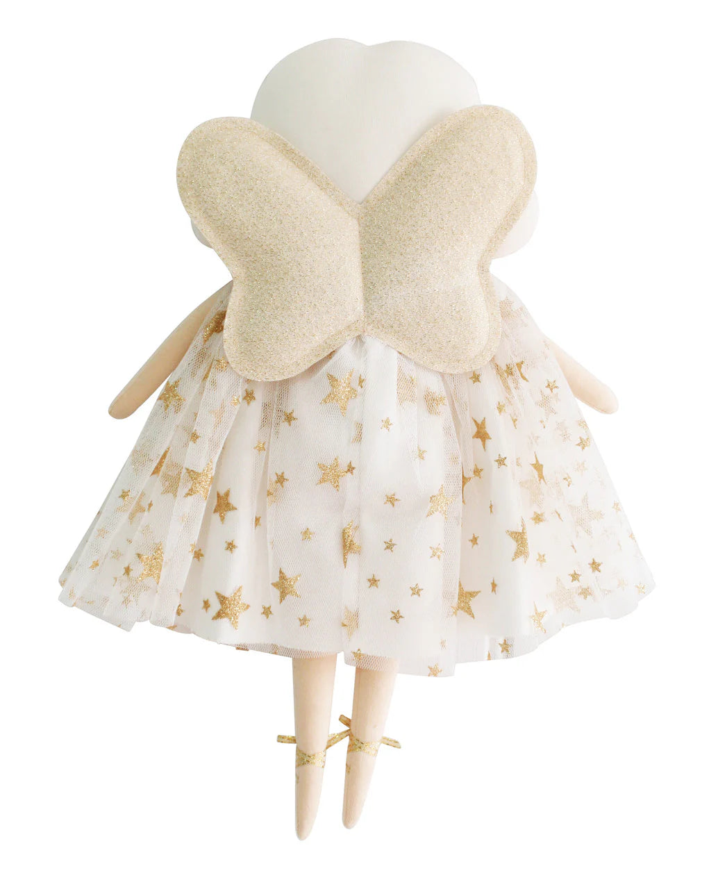 A tall fabric fairy doll in an ivory dress with gold shoes and tulle wings, resting softly against a neutral background.